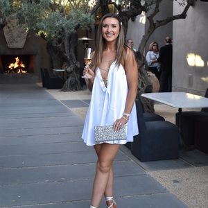 WHITE, SATIN CRYSTAL STRAP DRESS. Perfect for bachelorette trip or bridal events